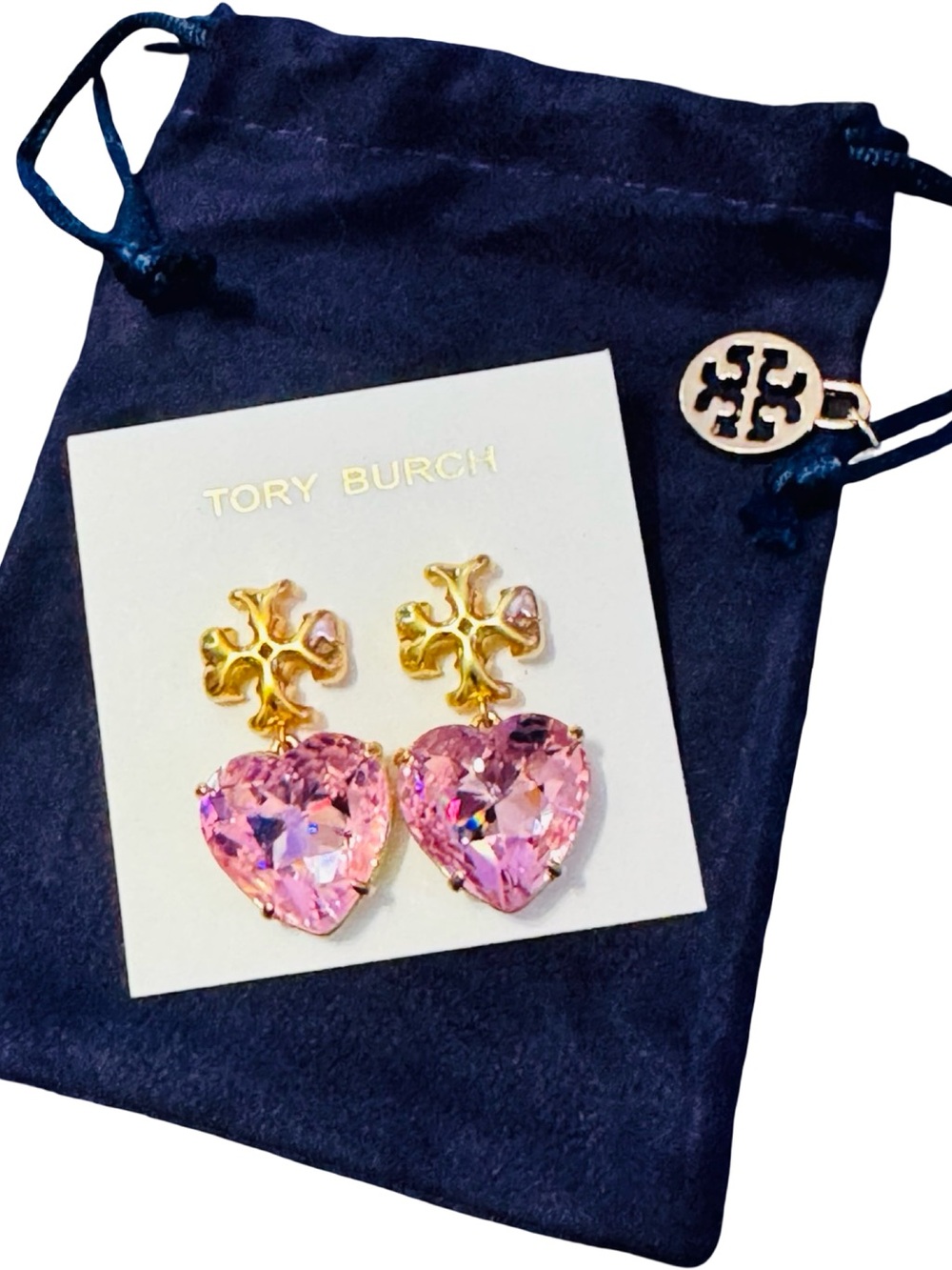 Tory Burch Gold-tone Earrings with Pink Heart Crystals NWT & Dustbag! - Picture 1 of 6